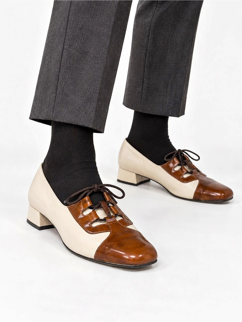David Tate Color Block Lace-Up Heels in Brown & Cream US 11